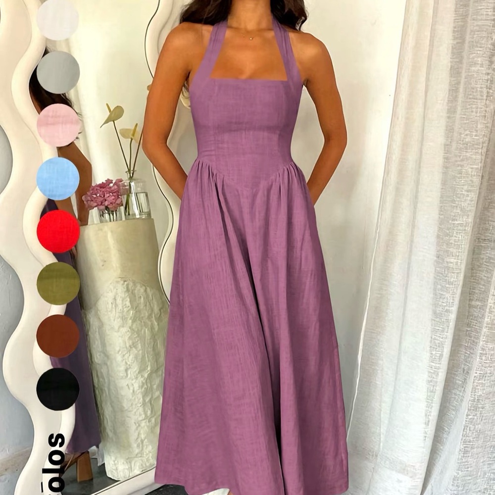 Halter Midi Dress in Mauve - Women's Linen-Blend Dress
